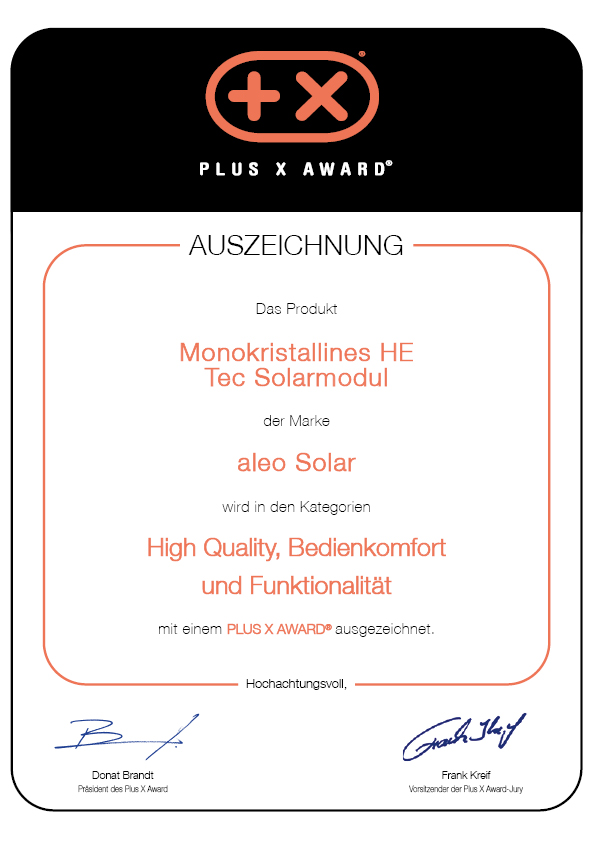 Die Auszeichnung des PlusXAwards für die Aleo HE-Tec Serie.