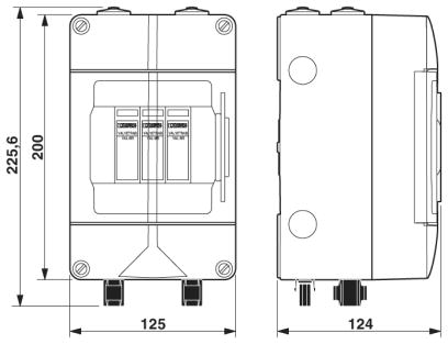 Schalttafel, Elektrische Schaltung, Gehäuse, DIN-Schiene, Schnittzeichnung, elektrisches Gerät, Sicherung, Kunststoffgehäuse, Abmessungen 225mm, Abmessungen 200mm