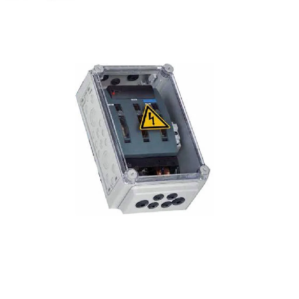 Elektroverteiler, Kunststoffgehäuse, transparenter Deckel, Kabelverschraubungen, Hochspannungssymbol