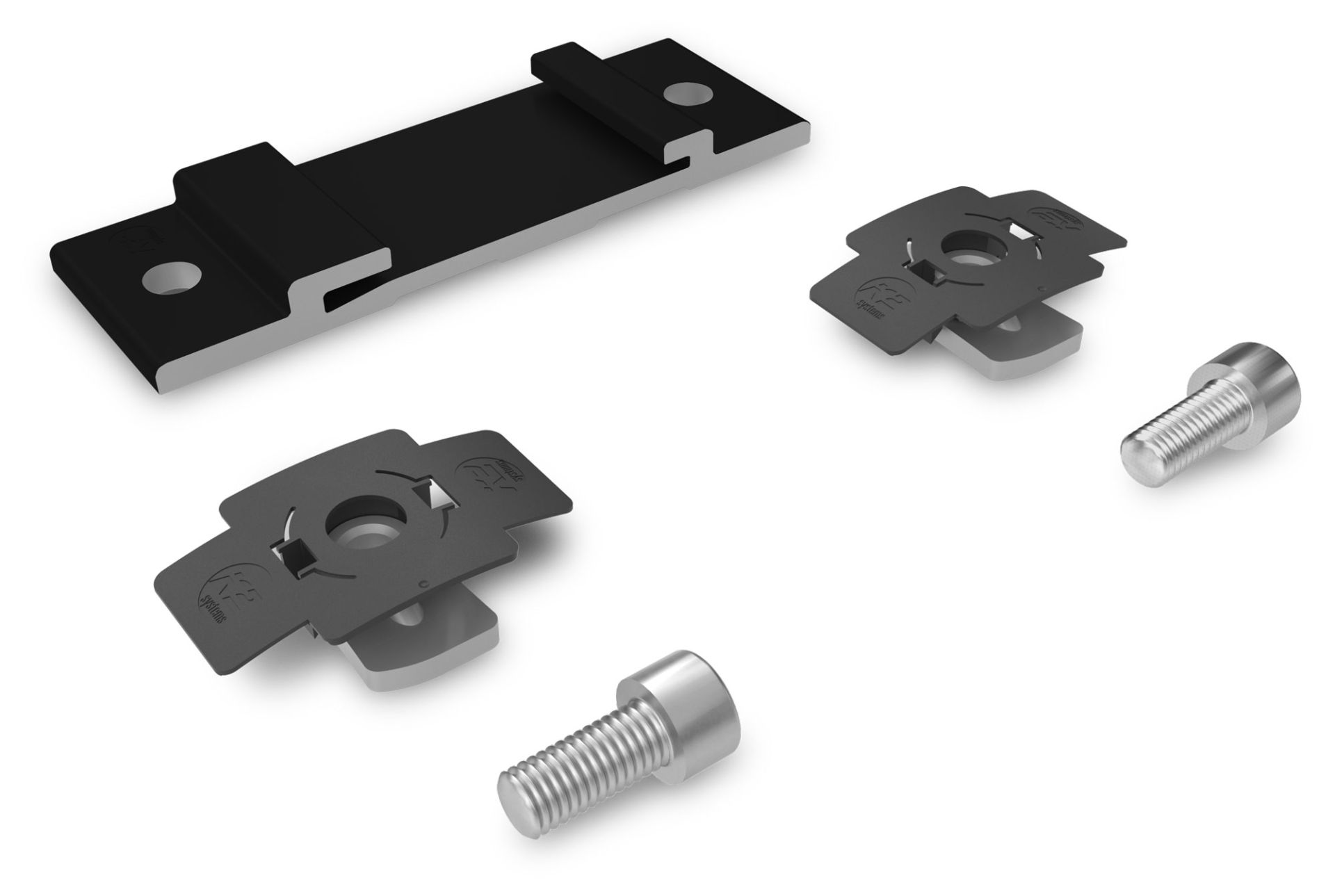 Schiene, Montagehalter, Schrauben, Klemmhalter, Adapter, Schienenklemme, Montageplatte, Schrauben, Metallbolzen, Baugruppe
