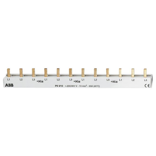 ABB Phasenschiene 3phasig 10mm² 12 Pins, Verteilerleiste, Schutzleiter, Stromverteiler, L1-L3, Klemmenleiste, elektrischer anschluss, Klemmenleiste, Stromschiene, Klingendrahtklemmen, Mehrfachanschluss
