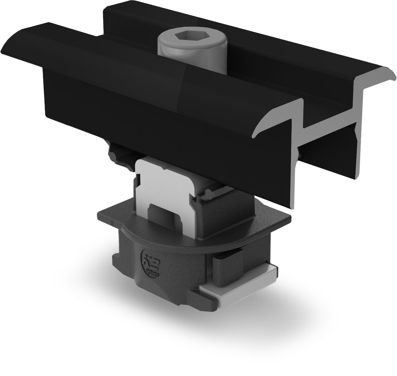 Gleitschiene, Schienenklemmkopf, Profilführung, Montagekopf, Kunststoff-Metall-Verbindung, rail clamp, elektrischer Anschluss, Montageclip, schwarz Kunststoff, metallisch grau